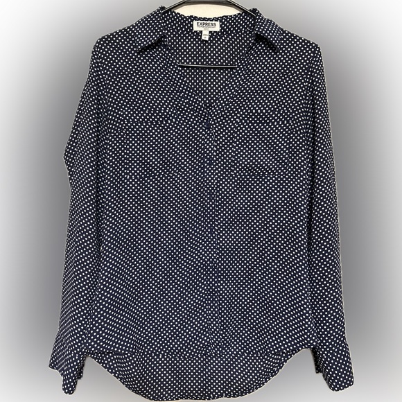 Express Portofino polka dot Navy longsleeve shirt size Small - Picture 3 of 4